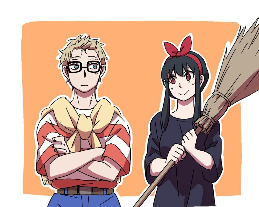 1boy 1girl :&gt; ayamame belt black-framed_eyewear black_dress black_hair blonde_hair blue_eyes blue_pants border bow breasts broom brown_belt closed_mouth commentary_request cosplay crossed_arms dress glasses hairband highres holding holding_broom husband_and_wife kiki_(majo_no_takkyuubin) kiki_(majo_no_takkyuubin)_(cosplay) large_breasts long_sidelocks looking_at_another looking_to_the_side majo_no_takkyuubin orange_background outside_border pants red_bow red_eyes red_hairband red_shirt shirt short_hair sidelocks sideways_glance smile spy_x_family standing striped_clothes striped_shirt sweater sweater_around_neck tombo_(majo_no_takkyuubin) tombo_(majo_no_takkyuubin)_(cosplay) twilight_(spy_x_family) upper_body white_border yellow_sweater yor_briar