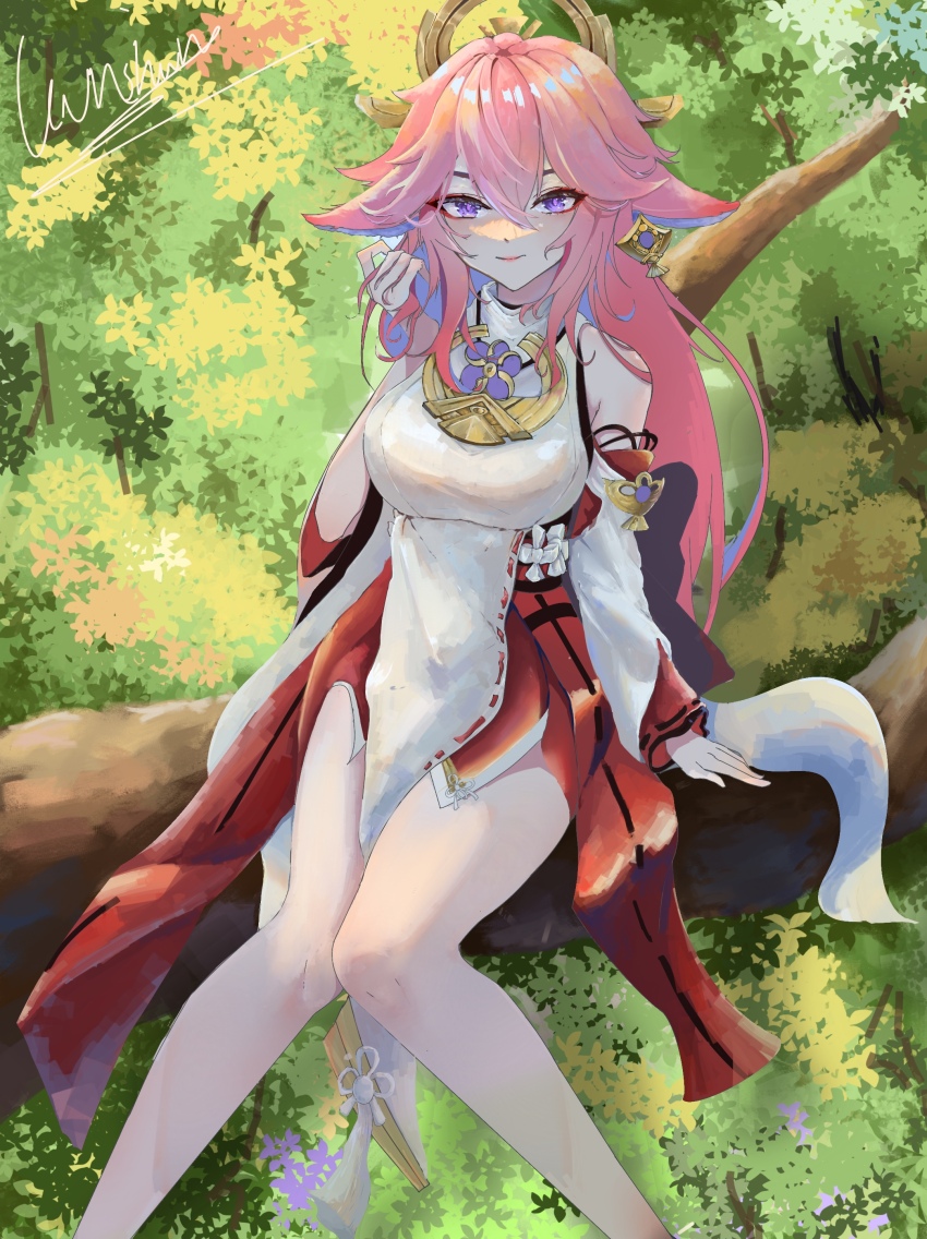 1girl absurdres animal_ears breasts detached_sleeves feet_out_of_frame folded_ear fox_ears genshin_impact highres japanese_clothes kimono lanshan large_breasts nontraditional_miko pink_hair purple_eyes signature sitting_on_branch smile solo thighs tree tree_shade white_kimono yae_miko