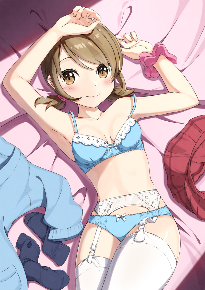absurdres blue_bra blue_panties bra breasts brown_eyes brown_hair commission garter_belt highres lass_(pokemon) light_blush looking_at_viewer low_twintails lying medium_breasts navel negimiso1989 nintendo on_back panties pixiv_commission pokemon pokemon_oras short_twintails skirt smile socks stomach sweater thighhighs twintails underwear underwear_only unworn_skirt unworn_socks unworn_sweater variant_set white_garter_belt white_thighhighs
