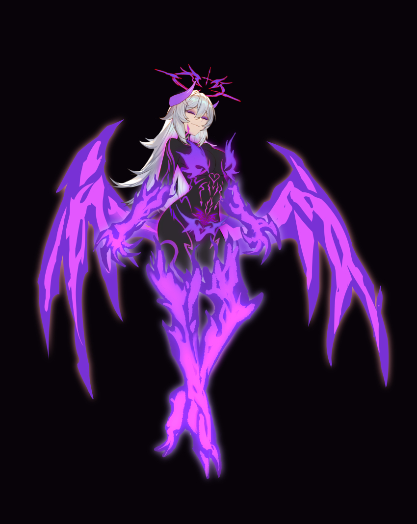 1girl absurdres black_background breasts closed_eyes closed_mouth corruption demon_girl demon_horns demon_wings fire_censor flaming_arm flaming_leg full-body_tattoo full_body grey_hair halo highres horns large_breasts long_hair looking_at_viewer low_wings nude original pubic_tattoo shen_hai_ichigo solo tattoo variant_set wings