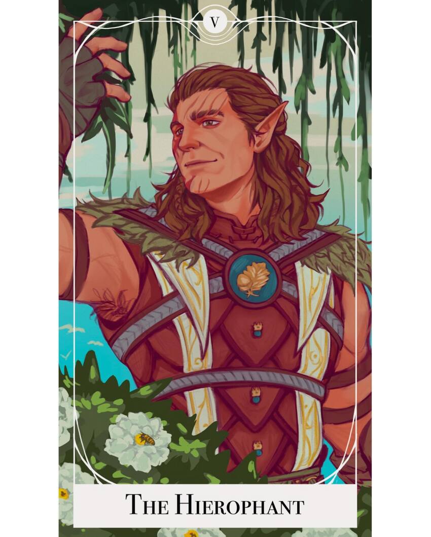 1boy arm_up armpit_hair armpits baldur&#039;s_gate baldur&#039;s_gate_3 brown_hair card_(medium) dark-skinned_male dark_skin elf halsin highres male_focus mature_male medium_hair muscular muscular_male nature pointy_ears sleeveless smile solo tarot tarot_(medium) the_hierophant_(tarot) thick_eyebrows thom_sketching tribal turning_head upper_body