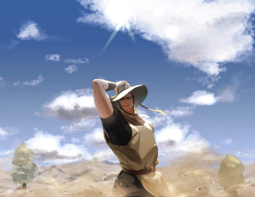1boy arm_up belt black_shirt blonde_hair blue_eyes blue_sky cigarette closed_mouth cloud cloudy_sky cowboy_hat desert egypt hat hol_horse jojo_no_kimyou_na_bouken long_hair looking_at_viewer outdoors shirt short_sleeves sky smile solo stardust_crusaders zouhyou_(at4190)