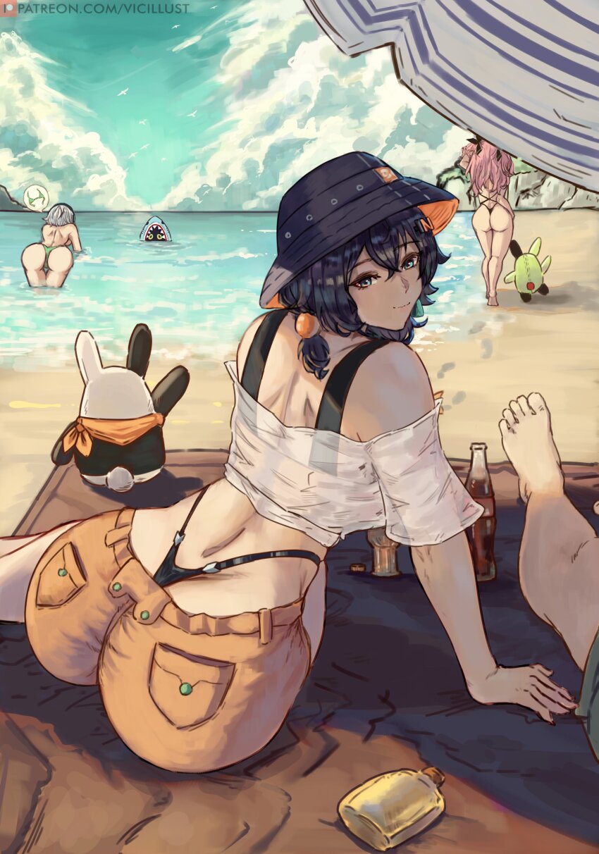 3girls alternate_costume anby_demara ass ass_focus bad_tag bangboo_(zenless_zone_zero) bare_shoulders barefoot belle_(zenless_zone_zero) bikini blue_eyes blue_hair blush breasts from_behind hat long_hair looking_at_viewer looking_back low_twintails multiple_girls nicole_demara pink_hair short_hair short_shorts shorts smile swimsuit thong thong_bikini twintails vicarious white_hair zenless_zone_zero