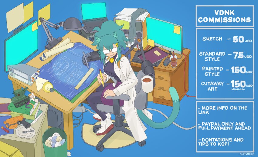 19vodnik 2girls absurdres animal_ear_fluff artist_name bell binder black_leggings black_shirt blue_hair blueprint_(object) book book_stack cable coffee coffee_mug commentary computer computer_mouse computer_tower crumpled_paper cup desk desk_lamp dot_nose drawer drawing_tablet drink english_commentary english_text fork glasses gun hair_between_eyes hair_ornament hairpin handgun high_tops highres holding holding_cup holding_pencil lab_coat lamp laptop leggings light_bulb long_sleeves mechanical_arms military_vehicle miniskirt monitor motor_vehicle mug multiple_girls multiple_monitors neck_bell neco-arc notebook opaque_glasses original oscilloscope paper_stack pencil plate power_strip purple_skirt rolled_up_paper rug ruler shirt shoes sidelocks skirt smile sneakers solo_focus sticky_note swivel_chair table tank trash_can turtleneck twitter_username weapon white_shoes wide_ponytail
