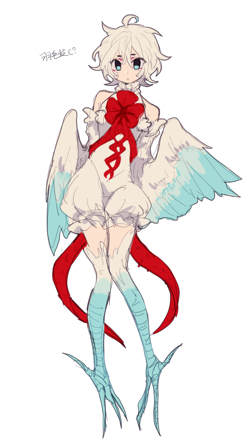 1girl ahoge bird_girl blue_eyes chinese_commentary chinese_text commentary_request digitigrade er_hea feathered_wings frills full_body highres lobotomy_corporation personification project_moon punishing_bird red_ribbon ribbon romper short_hair simple_background sketch solo talons translation_request white_background white_hair white_romper wings