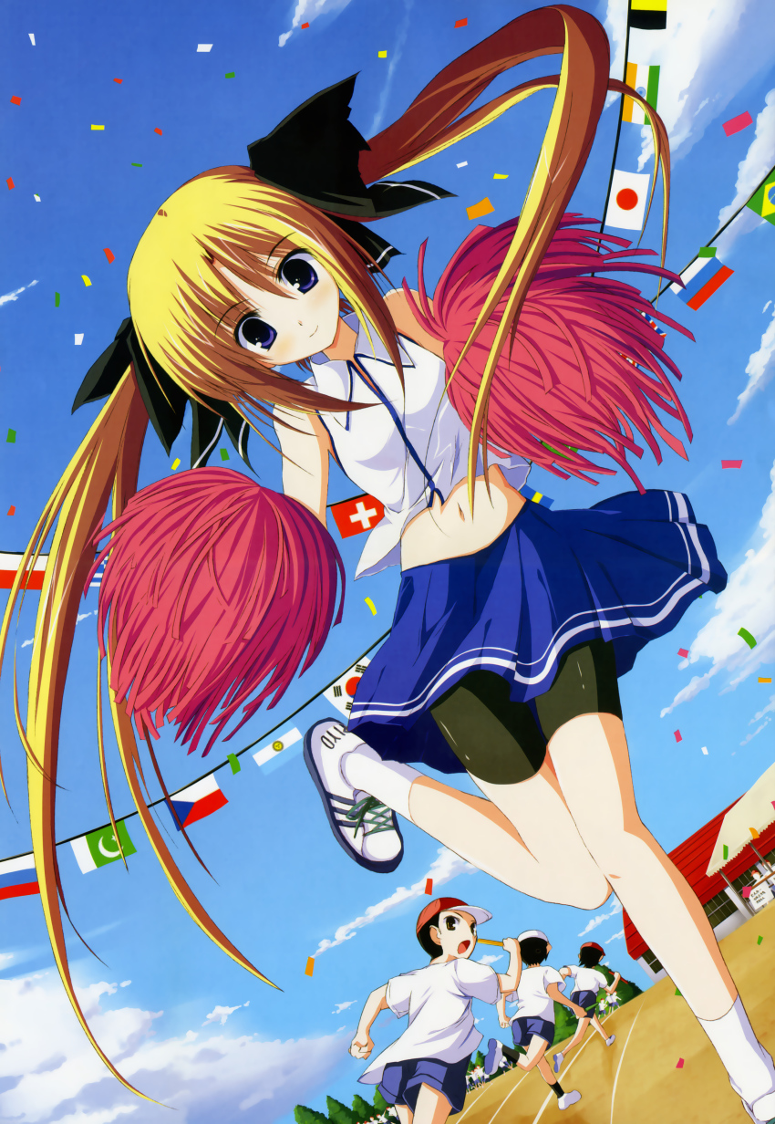 1girl 3boys absurdres argentinian_flag baseball_cap baton bike_shorts black_hair blonde_hair brazilian_flag brown_eyes cheerleader cloud confetti czech_flag day dutch_angle flag flags_of_all_nations greek_flag gym_shorts gym_uniform hat highres hiiragi_nazuna image_sample indian_flag indonesian_flag japanese_flag long_hair looking_at_viewer looking_back midriff multiple_boys navel open_mouth pakistani_flag pom_pom_(cheerleading) purple_eyes relay_baton running russian_flag shorts shorts_under_skirt skirt sky smile socks spandex standing standing_on_one_leg string_of_flags swiss_flag track_and_field tsukisome_no_kasa twintails union_jack white_legwear