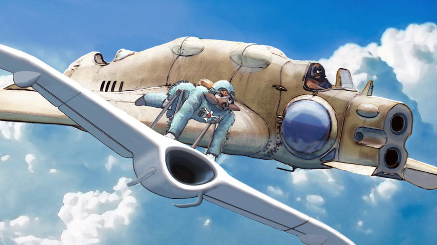 1boy 1girl aircraft brown_hair cloud commentary_request day dress flying gloves kaze_no_tani_no_nausicaa mask mehve nausicaa sky tk914
