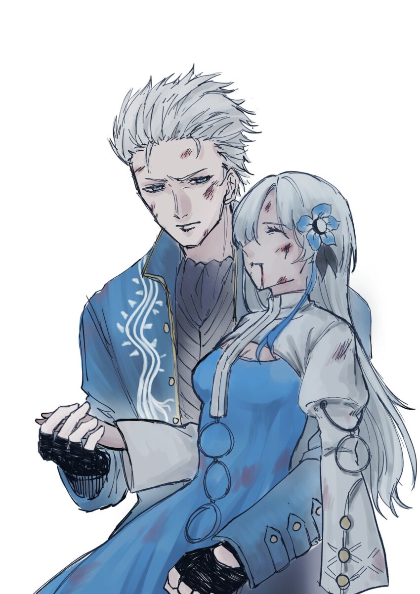 1boy 1girl black_gloves black_shirt blood blood_on_clothes blood_on_face blue_flower blue_jacket bruise bruise_on_face chikin_(890gin) closed_eyes closed_mouth crossover cuts devil_may_cry_(series) fingerless_gloves flower frown gloves grey_eyes grey_hair grey_shrug hair_flower hair_ornament hair_over_one_eye hand_up highres holding_hands injury isekaijoucho jacket kamitsubaki_studio long_sleeves looking_at_another shirt short_hair shrug_(clothing) simple_background v-shaped_eyebrows vergil_(devil_may_cry) white_background wide_sleeves