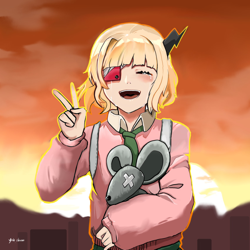 1girl :d ^_^ absurdres backpack bag bandaged_head bandages black_horns blonde_hair blunt_bangs blush cellphone closed_eyes collared_shirt crying eyepatch facing_viewer green_neckerchief green_skirt highres horns long_sleeves neckerchief one_eye_covered open_mouth orange_sky phone phone_eyepatch pink_sweater puffy_sleeves ruru_(shinsei_kamattechan) school_bag shinsei_kamattechan shirt short_hair single_horn skirt sky smile solo standing streaming_tears stuffed_animal stuffed_mouse stuffed_toy sunset sweater tears teeth upper_body urban v white_bag white_shirt you_chuan