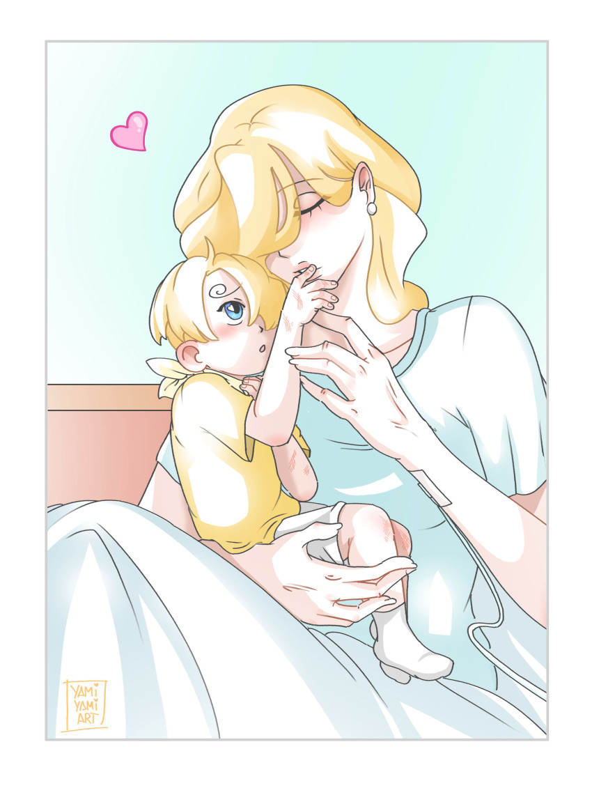 1boy 1girl absurdres blonde_hair blue_background blue_eyes blush closed_eyes commentary curly_eyebrows earrings hair_over_one_eye heart highres jewelry one_piece pearl_earrings sanji_(one_piece) shirt short_hair shorts socks vinsmoke_sora white_shorts white_socks yamiyami_art yellow_shirt