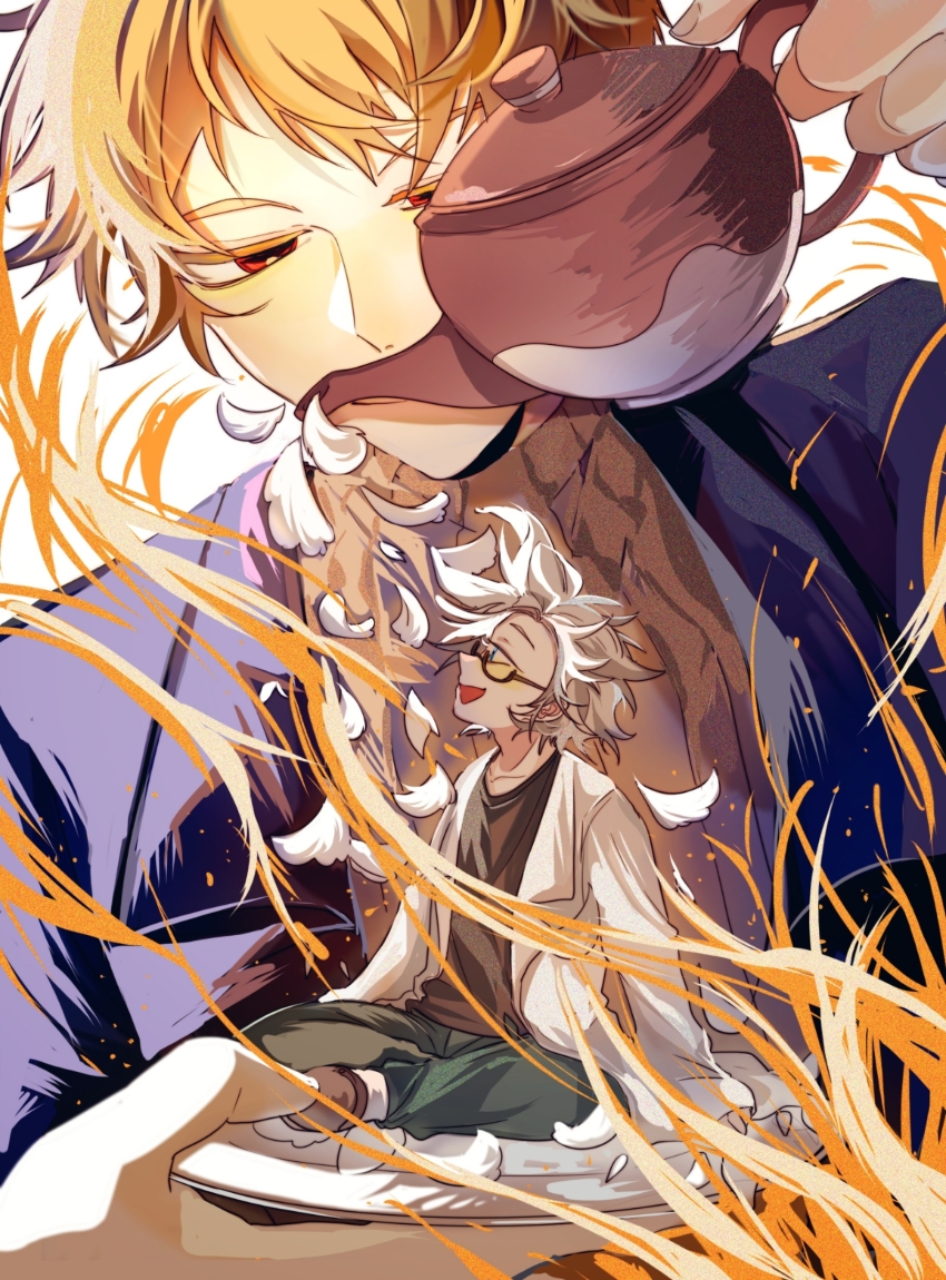 2boys absurdres atou_haruki black_jacket black_shirt blonde_hair blue_eyes brown_sweater chinese_commentary colored_eyelashes commentary_request fire glasses green_pants highres holding holding_plate holding_teapot jacket kanou_aogu lab_coat lemijiang long_sleeves looking_up male_focus mini_person miniboy multiple_boys open_clothes open_jacket open_mouth pants plate red_eyes ribbed_sweater saibou_shinkyoku shirt short_hair sitting smile sweater teapot turtleneck turtleneck_sweater yellow_pupils