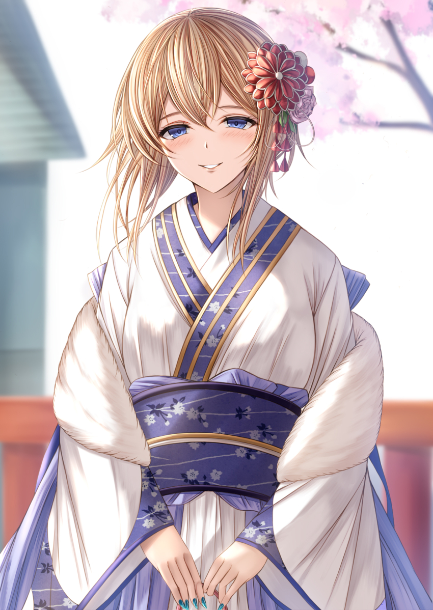 1girl alternate_costume aqua_nails blonde_hair blue_eyes blue_sash europa_(granblue_fantasy) granblue_fantasy hair_ornament highres japanese_clothes kanpyou_(hghgkenfany) kimono looking_at_viewer medium_hair nail_polish obi obiage obijime parted_lips sash smile solo upper_body white_kimono