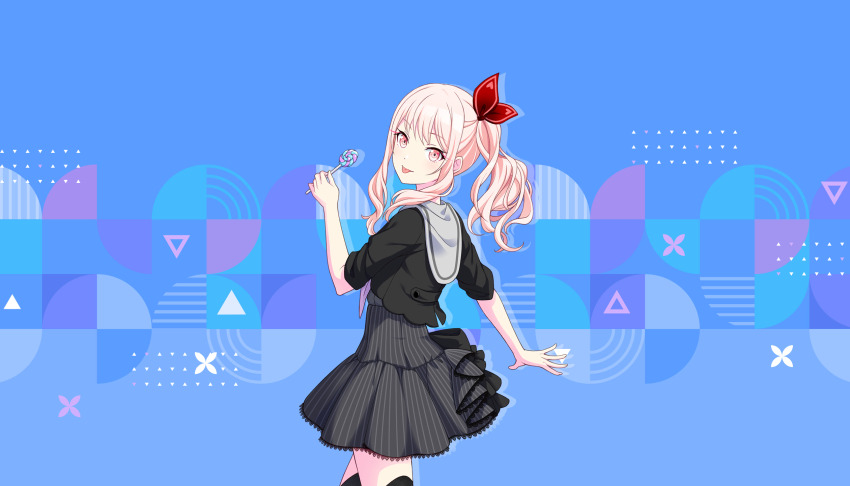 1other :p akiyama_mizuki black_shirt black_skirt blue_background candy colorful_palette food game_cg grey_sailor_collar hair_ornament highres holding holding_candy holding_food holding_lollipop lollipop looking_at_viewer looking_back official_art pink_eyes pink_hair project_sekai sailor_collar shirt side_ponytail sidelocks skirt solo striped_clothes striped_skirt third-party_source tongue tongue_out triangle