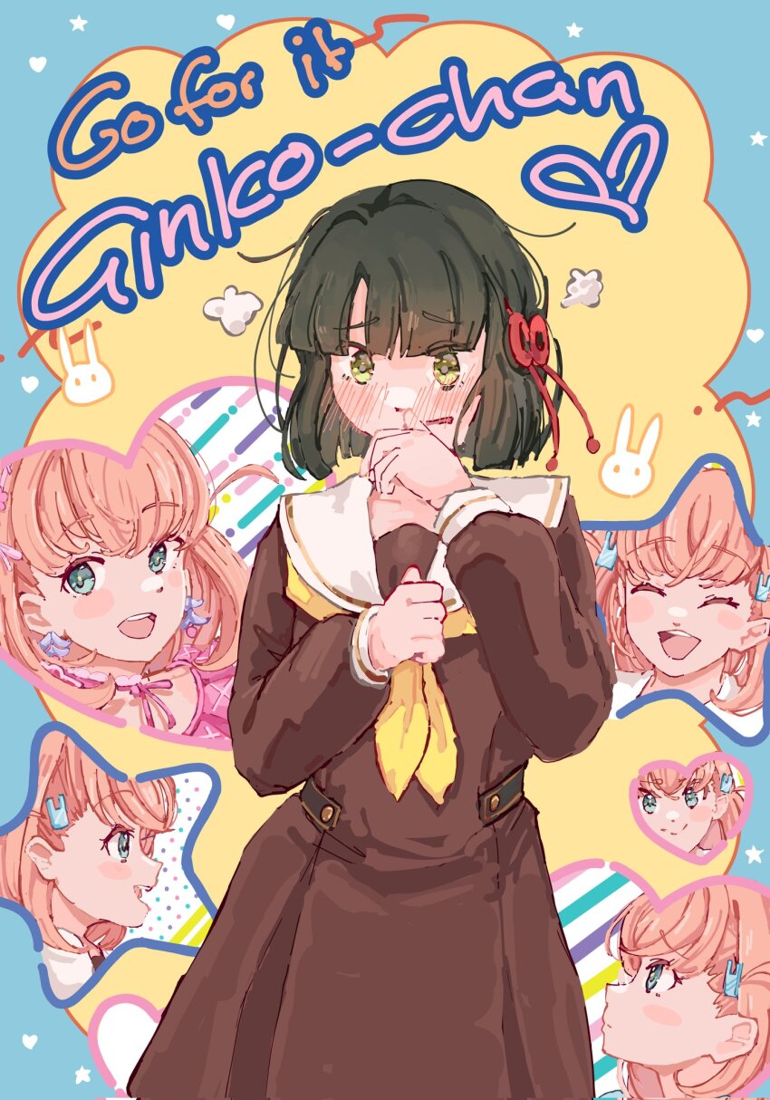 2girls :d ^_^ aqua_eyes black_hair blue_border blunt_bangs blunt_ends blush blush_stickers border brown_dress closed_eyes closed_mouth commentary covering_own_mouth crossed_bangs dress english_text flower_knot fregie frilled_dress frills ganbare!_nakamura-kun!! green_eyes hair_ornament hand_over_own_mouth hasu_no_sora_school_uniform heart highres hinoshita_kaho link!_like!_love_live! long_sleeves looking_at_viewer loose_hair_strand love_live! medium_dress medium_hair momose_ginko multiple_girls multiple_views neckerchief open_mouth orange_hair outside_border pink_dress pleated_dress profile rabbit_hair_ornament reflection_in_the_mirror_(love_live!) sailor_collar sailor_dress school_uniform short_hair smile split_mouth star_(symbol) symbol-only_commentary teeth two_side_up upper_teeth_only virtual_youtuber white_sailor_collar winter_uniform yellow_background yellow_neckerchief yuri
