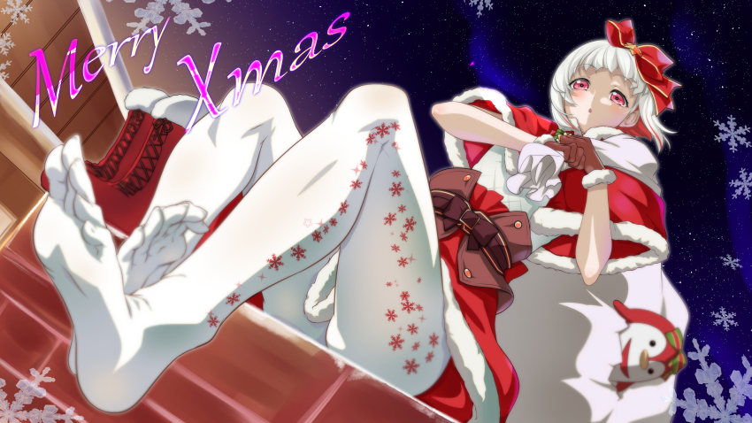 1girl :o asymmetrical_bangs boots bow brown_gloves capelet carrying_bag dutch_angle feet foot_focus fur-trimmed_boots fur-trimmed_capelet fur-trimmed_gloves fur-trimmed_skirt fur_trim gift_bag gloves hair_bow highres link!_like!_love_live! love_live! merry_christmas multicolored_hair pantyhose red_boots red_capelet red_eyes red_hair red_skirt sitting skirt sky snowflake_print snowflakes solo star_(sky) starry_sky streaked_hair stuffed_animal stuffed_penguin stuffed_toy toron_(mino106) unworn_boots virtual_youtuber white_hair white_pantyhose yugiri_tsuzuri