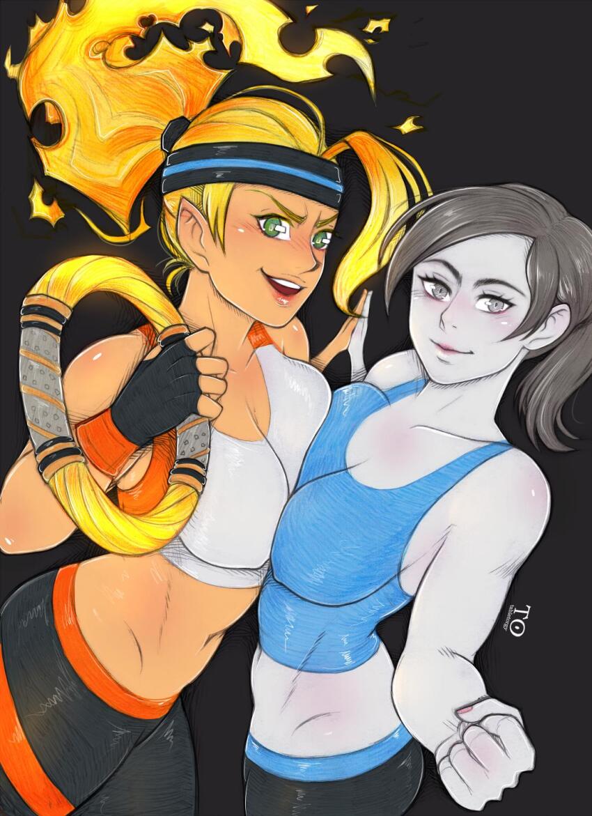 2girls abs alternate_color black_hair blonde_hair breast-to-breast breast_press breasts cleavage colored_skin crop_top fiery_hair fingerless_gloves gloves glowing glowing_hair green_eyes grey_eyes grey_hair headband highres holding_hands large_breasts lips long_hair looking_at_viewer midriff multiple_girls muscular muscular_female navel nintendo pale_skin pants player_2 pointy_ears ponytail ring_(ring_fit_adventure) ring_fit_adventure ring_fit_trainee ring_fit_trainee_(female) skindentation smile spandex sports_bra symmetrical_docking tabletorgy tan tank_top white_skin wii_fit wii_fit_trainer wii_fit_trainer_(female) yoga_pants