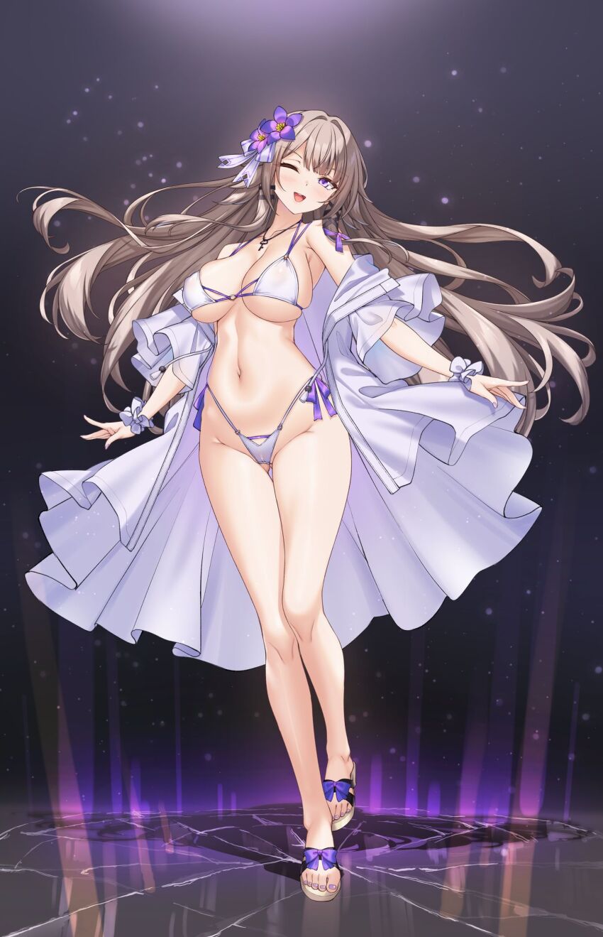 1girl ;d bare_shoulders bikini breasts brown_hair collarbone commentary_request covered_erect_nipples detached_sleeves flower frills full_body gluteal_fold hair_flower hair_ornament herta_(honkai:_star_rail) highres honkai:_star_rail honkai_(series) jewelry key key_necklace legs long_hair looking_at_viewer navel necklace one_eye_closed open_mouth purple_eyes purple_flower purple_nails sandals shirokuma_a smile solo standing stomach swimsuit the_herta_(honkai:_star_rail) thighs toes tongue very_long_hair white_bikini