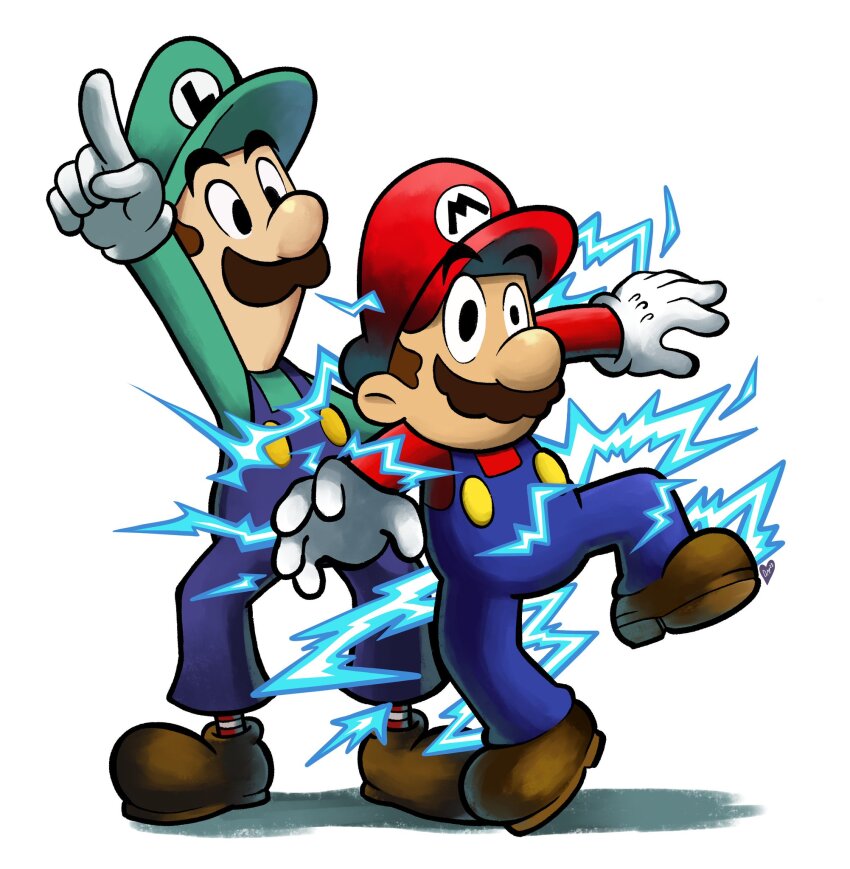 2boys arm_up blue_overalls brothers domestic_maid electricity facial_hair gloves green_hat green_shirt hat highres long_sleeves looking_at_another luigi mario mario_&amp;_luigi:_superstar_saga mario_&amp;_luigi_rpg mario_(series) multiple_boys mustache nintendo official_style overalls pointing pointing_up red_hat red_shirt shirt shoes short_hair siblings white_background white_gloves