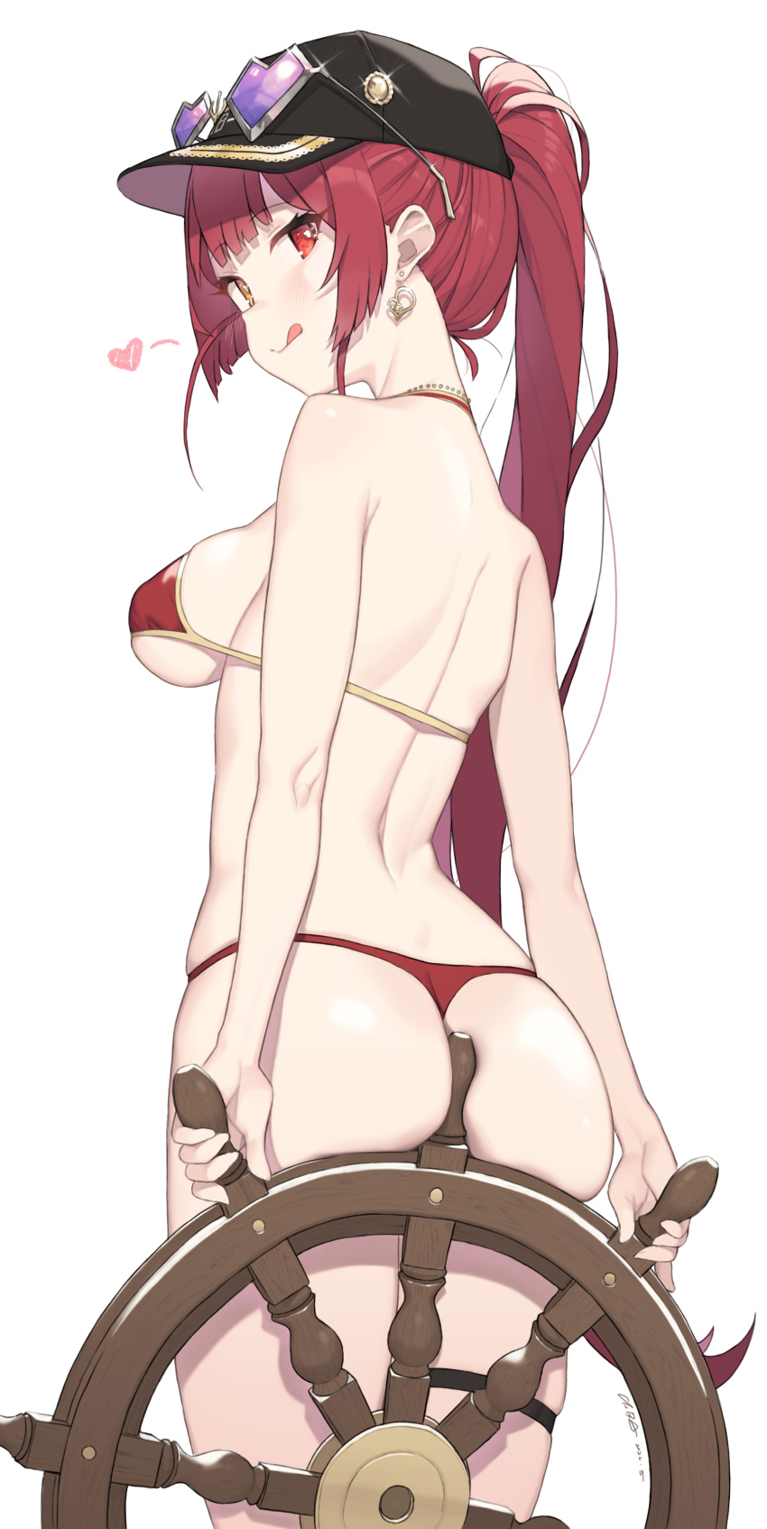1girl :q absurdres arms_at_sides ass back baseball_cap between_buttocks bikini black_hat breasts cloba commentary earrings eyewear_on_headwear from_behind glint gold_trim hair_through_headwear hat heart heart-shaped_eyewear heart_earrings heterochromia highres holding hololive houshou_marine houshou_marine_(summer) jewelry large_breasts long_hair looking_at_viewer looking_back micro_bikini ponytail red_bikini red_eyes red_hair ship&#039;s_wheel sideboob simple_background skindentation solo spoken_heart standing sunglasses swimsuit symbol-only_commentary thigh_strap thong_bikini tongue tongue_out virtual_youtuber white_background yellow_eyes