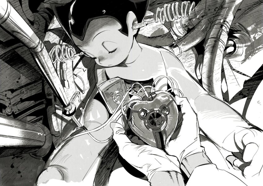 2boys android atie1225 atom_(tetsuwan_atom) cable chinese_commentary closed_eyes closed_mouth commentary_request cupping_hands gloves greyscale heart highres holding holding_heart hole_in_chest hole_on_body long_sleeves machinery metal_hair monochrome multiple_boys own_hands_together pov pov_hands short_hair solo_focus spiked_hair tenma_umatarou tetsuwan_atom tube unconscious