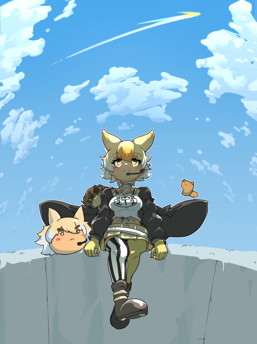 1girl absurdres animal_ears belt blonde_hair blue_sky boots camisole coyopotato coyote_(kemono_friends) extra_ears gloves highres jacket kemono_friends kemono_friends_v_project microphone orange_ardy1203 outdoors short_hair skirt sky tail thighhighs virtual_youtuber wolf_ears wolf_girl wolf_tail yellow_eyes
