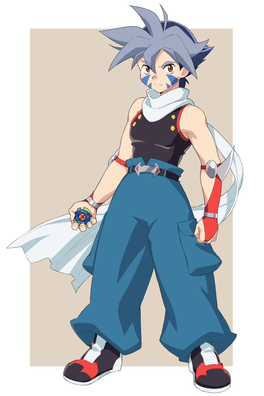 1boy bakuten_shoot_beyblade bare_shoulders beyblade beyblade_(object) black_sheep black_shoes blue_pants bridal_gauntlets brown_background brown_eyes closed_mouth facial_mark full_body grey_hair hair_between_eyes highres hiwatari_kai holding kusumoto_shizuru male_focus pants puffy_pants shirt shoes sleeveless sleeveless_shirt solo standing thick_eyebrows two-tone_background white_background