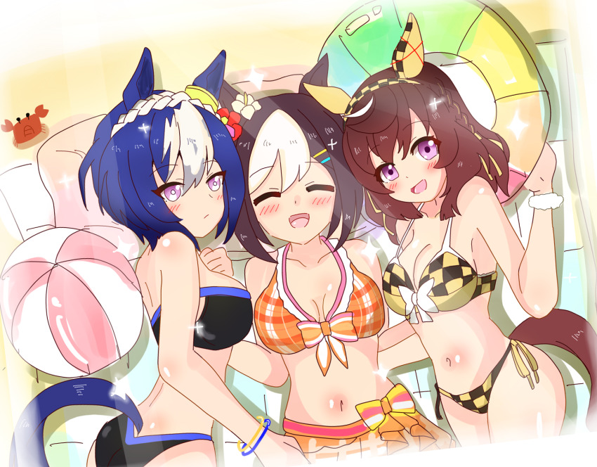 3girls alternate_costume animal_ears beach bikini blue_hair blush braid breasts brown_hair buena_vista_(umamusume) cesario_(umamusume) cleavage closed_eyes closed_mouth collarbone commentary_request hair_ornament hairband hairclip highres horse_ears horse_girl horse_tail innertube medium_breasts medium_hair multiple_girls navel oikomii partial_commentary purple_eyes ribbon special_week_(hopping_vitamin_heart)_(umamusume) special_week_(umamusume) swim_ring swimsuit tail umamusume