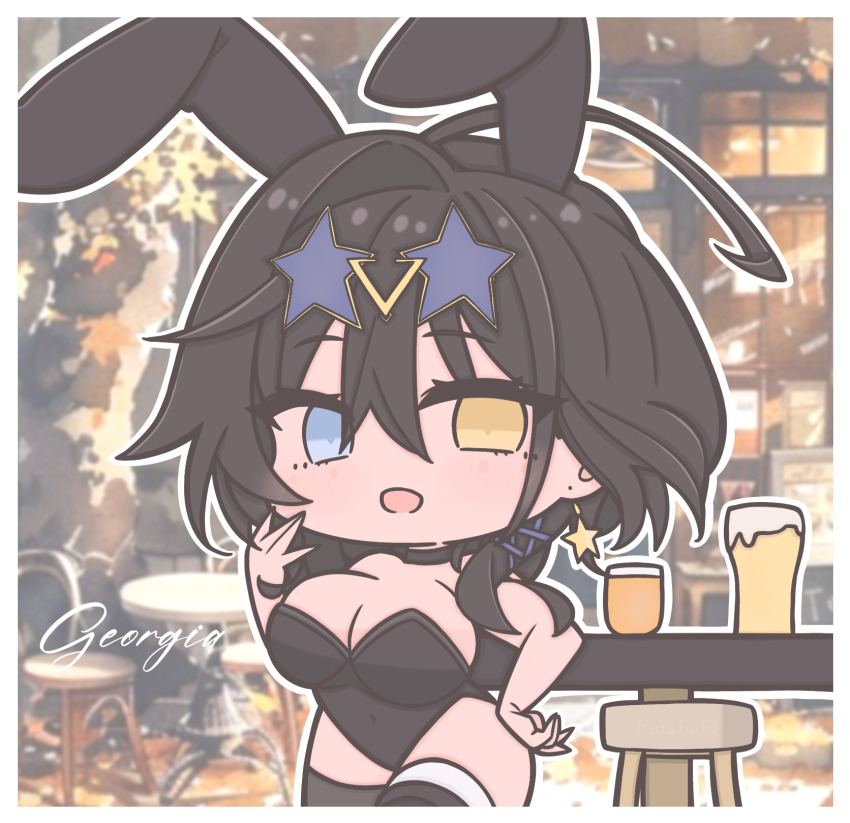 1girl alternate_costume animal_ears azur_lane bare_shoulders black_choker black_hair black_leotard black_thighhighs blue-tinted_eyewear blue_eyes breasts character_name chibi chibi_only choker cleavage commentary cowboy_shot detached_collar earrings fake_animal_ears futaba_(anti_clockwise) georgia_(azur_lane) hair_between_eyes heterochromia highres jewelry large_breasts leotard long_hair looking_at_viewer medium_hair open_mouth playboy_bunny rabbit_ears solo star-shaped_eyewear star_(symbol) star_earrings strapless strapless_leotard symbol-only_commentary thighhighs tinted_eyewear yellow_eyes