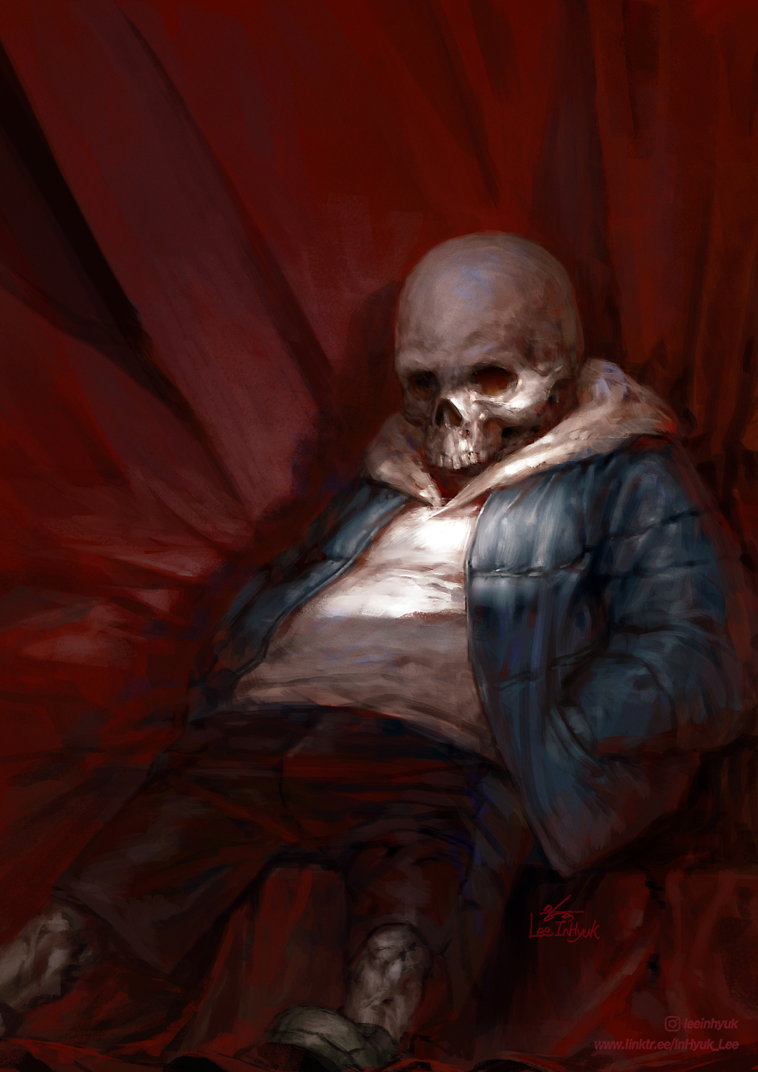1boy black_shorts blue_jacket commentary english_commentary hands_in_pockets highres hood hoodie in-hyuk_lee jacket male_focus sans_(undertale) shorts sitting skeleton solo undertale white_hoodie