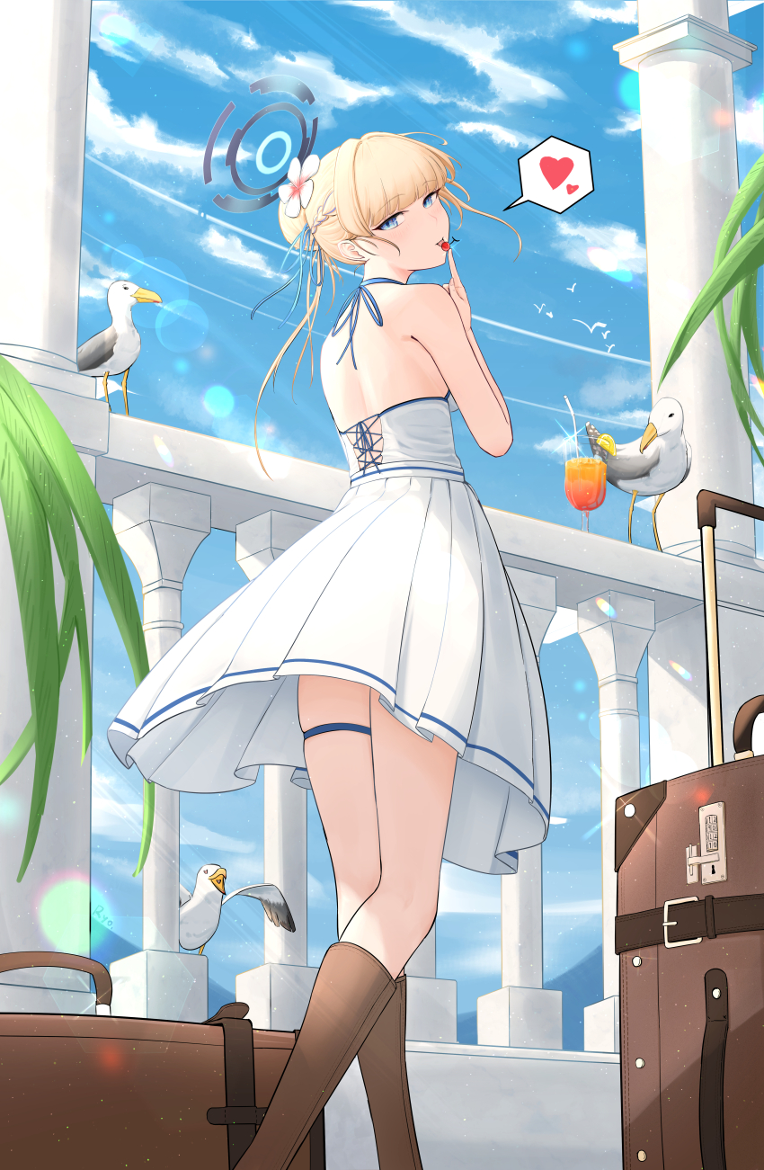 1girl absurdres alternate_costume bird blonde_hair blue_archive blue_eyes blue_halo blue_sky blurry blush bokeh briefcase cherry cloud cloudy_sky commentary cup day depth_of_field dress drinking_glass drinking_straw feet_out_of_frame food fruit hair_bun halo halterneck heart highres juice licking_fruit looking_at_viewer looking_back mola_(mola526) orange_juice single_hair_bun skindentation sky solo spoken_heart standing sunlight thigh_strap thighs toki_(blue_archive) tongue tongue_out white_dress