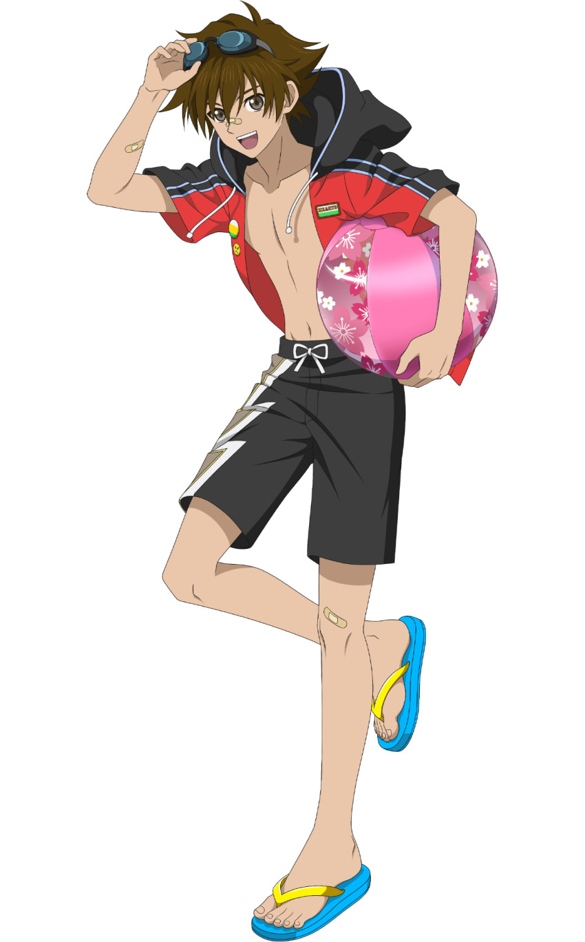 1boy adjusting_eyewear adjusting_goggles ahoge artist_request ball bandaid bandaid_on_arm bandaid_on_face bandaid_on_knee bandaid_on_leg bandaid_on_nose beachball black_male_swimwear black_swim_trunks brown_hair commentary drawstring english_commentary feet flip-flops full_body goggles goggles_on_head hair_between_eyes highres holding holding_ball holding_beachball hood hoodie kor_meteor legs looking_at_viewer male_focus male_swimwear navel official_art open_clothes open_hoodie open_mouth open_shirt red_hoodie sandals short_sleeves solo swim_trunks swimsuit tales_of_(series) tales_of_asteria tales_of_hearts teeth toenails toes topless_male transparent_background upper_teeth_only