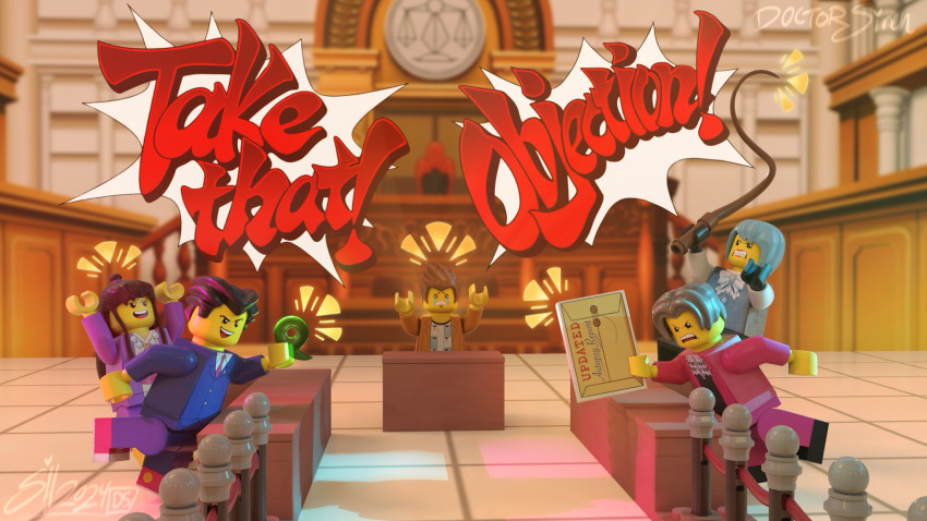2girls 3boys 3d :d \o/ ace_attorney angry arms_up ascot black_hair blazer blue_hair blue_pants brown_hair colored_skin courtroom determined doctorsiren formal_clothes franziska_von_karma grey_hair half_updo hanten_(clothes) highres holding holding_weapon jacket larry_butz lego lego_minifig magatama maya_fey miles_edgeworth multiple_boys multiple_girls objection open_clothes open_jacket open_mouth outstretched_arms pants phoenix_wright photorealistic realistic red_pants scowl short_hair smile spiked_hair standing standing_on_one_leg suit v-shaped_eyebrows weapon yellow_skin
