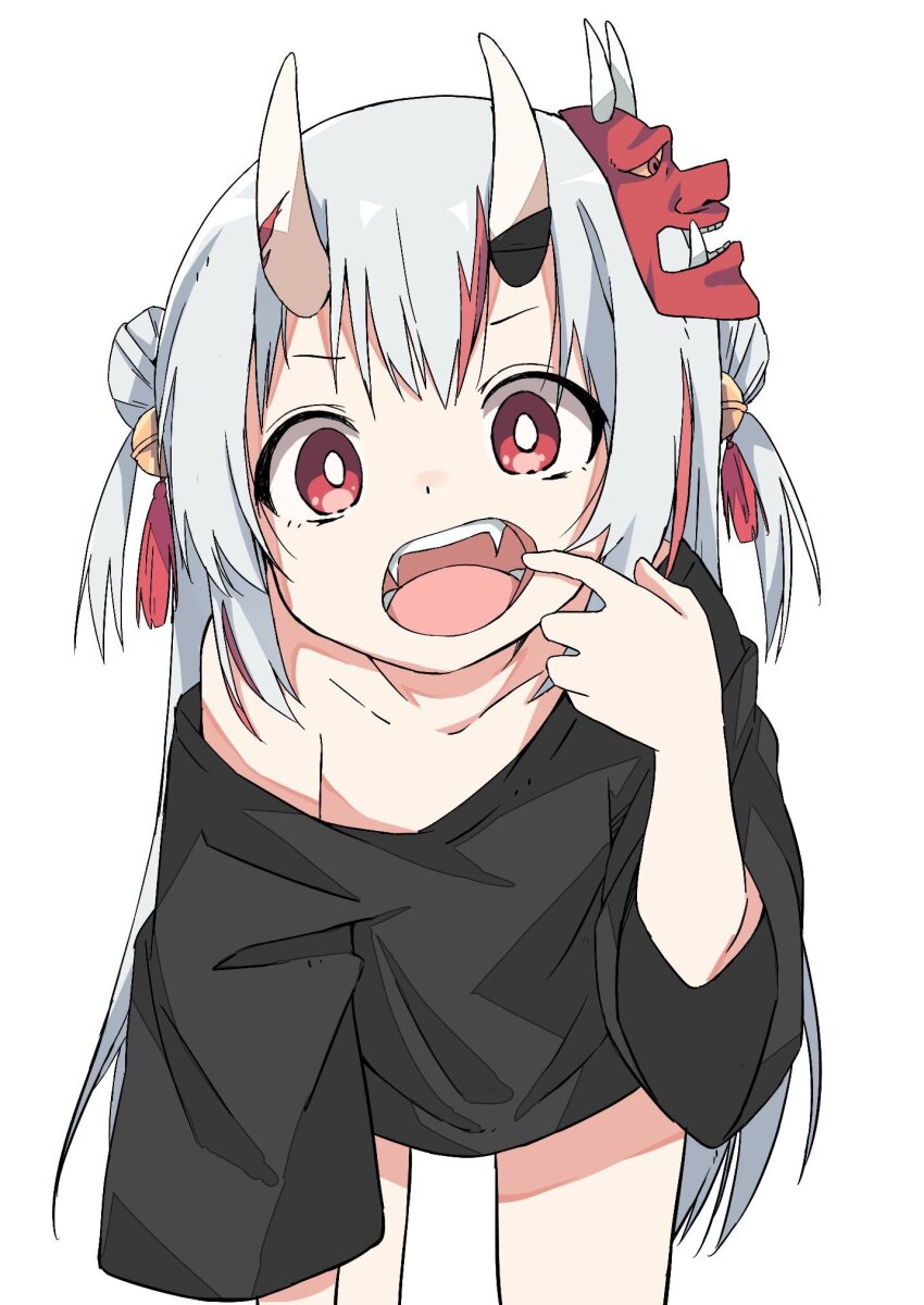 1girl bare_legs bell bent_over black_shirt bright_pupils collarbone commission cowboy_shot double_bun fangs hair_bell hair_bun hair_ornament hand_up highres hololive horns jingle_bell long_hair looking_at_viewer mask mask_on_head mouth_pull multicolored_hair nakiri_ayame oni_mask open_mouth oversized_clothes oversized_shirt red_eyes red_hair red_mask sasakungoodsize second-party_source shirt simple_background single_bare_shoulder skin-covered_horns solo straight-on streaked_hair t-shirt tassel tassel_hair_ornament teeth three-quarter_sleeves two_side_up v-bangs virtual_youtuber white_background white_hair white_horns white_pupils