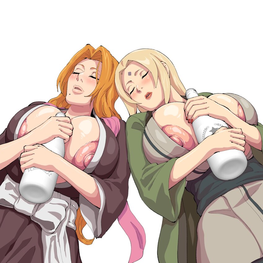 2girls alcohol bleach blonde_hair bottle breasts forehead_jewel highres holding holding_bottle iwao178 large_breasts light_blush long_hair lying matsumoto_rangiku mature_female mole mole_under_mouth multiple_girls naruto naruto_(series) nipple_slip nipples on_back orange_hair parted_bangs pink_shawl sake shawl shihakusho shiny_skin simple_background sleeping tsunade_(naruto) white_background