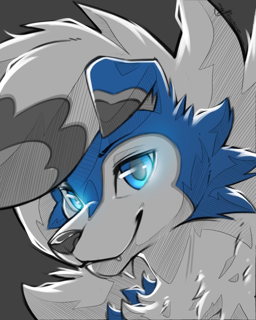 absurdres alternate_color alternate_shiny_pokemon blue_eyes blue_fur game_freak gen_7_pokemon grey_background grey_fur highres looking_at_viewer lycanroc lycanroc_(midnight) multicolored_fur nintendo no_humans pokemon pokemon_(creature) portrait signature simple_background solo sylfeanne white_fur