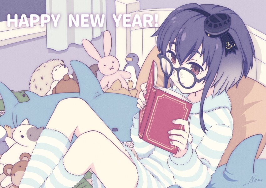 1girl alternate_costume anchor_symbol bed bespectacled black_hair book brown_eyes dress fur_dress glasses gradient_hair happy_new_year hat hat_ribbon hooded_dress kantai_collection mini_hat multicolored_hair nao_(nao_eg) new_year pillow porcupine ribbon short_hair short_hair_with_long_locks sleepwear smokestack_hair_ornament socks solo striped_clothes striped_dress striped_socks stuffed_animal stuffed_dog stuffed_penguin stuffed_porcupine stuffed_rabbit stuffed_shark stuffed_toy tokitsukaze_(kancolle)