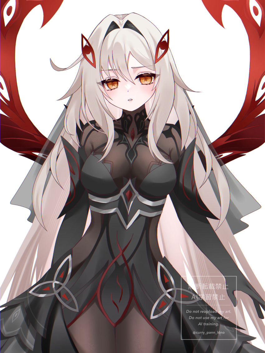 1girl armpit_crease artist_name black_dress black_skin black_veil blonde_hair blush colored_skin commentary_request dress embarrassed eye_symbol floating genshin_impact gradient_hair hair_between_eyes hair_intakes hair_ornament head_tilt highres kino_(curry_pan) long_hair looking_at_viewer multicolored_hair multicolored_skin orange_eyes parted_lips red_wings ronova_(genshin_impact) shoulder_pads simple_background skin_tight solo symbol-shaped_pupils twitter_username two-tone_hair two-tone_skin upper_body veil wavy_hair white_background wings