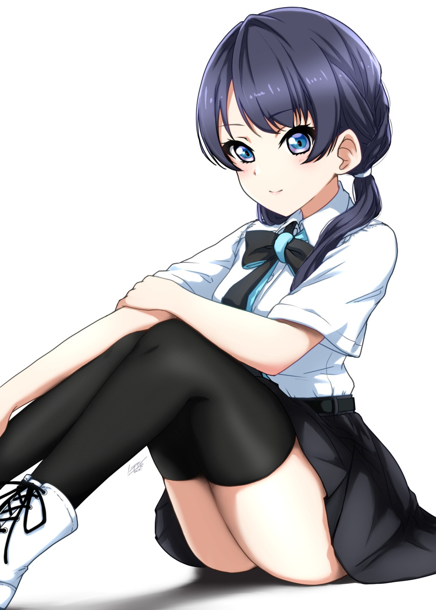 1girl absurdres black_hair boots highres link!_like!_love_live! looking_at_viewer love_live! murano_sayaka murano_sayaka_(summer_casual) noochan_chonoda short_hair simple_background smile solo twintails white_boots