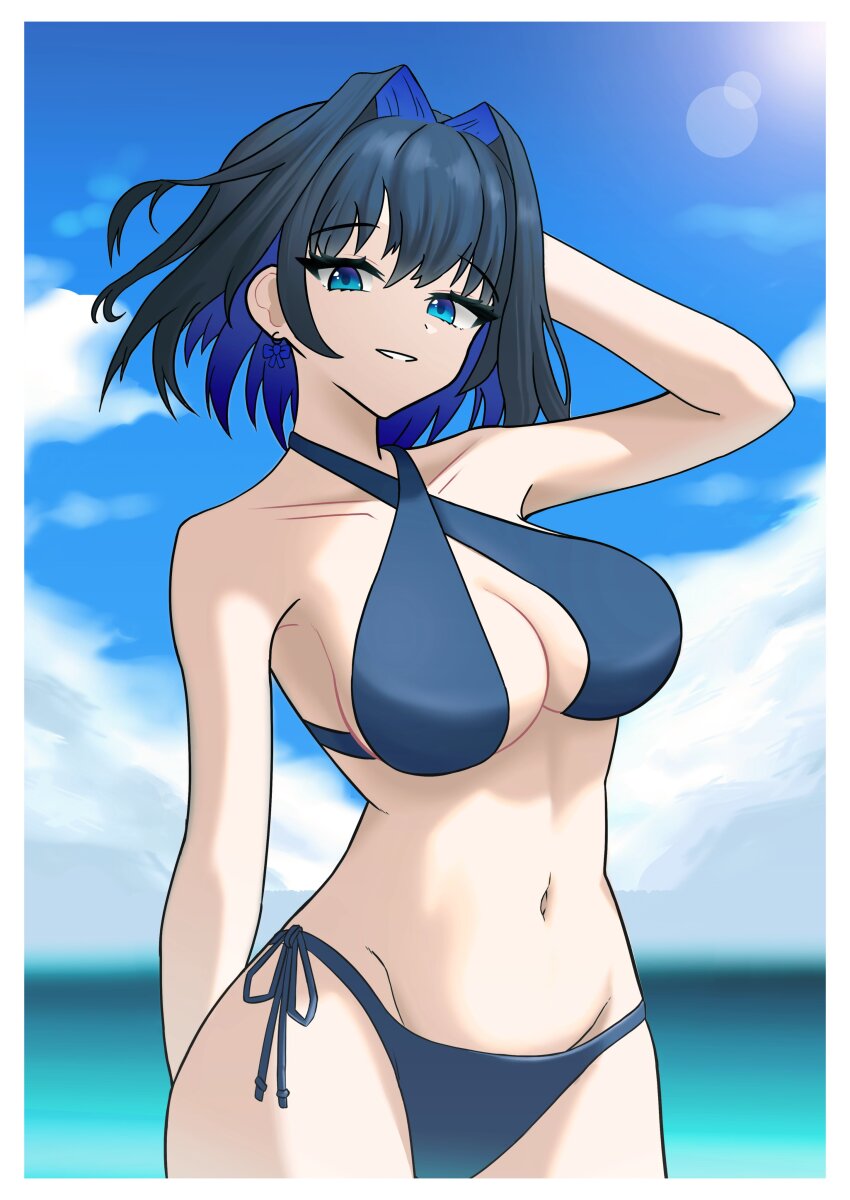 1girl absurdres arm_behind_head arm_up bare_arms bare_shoulders beach bikini blue_bikini blue_eyes blue_hair breasts cleavage cloud cloudy_sky collarbone commentary cowboy_shot day english_commentary gurei_(streaper42846) hair_intakes highres hololive hololive_english large_breasts long_hair looking_at_viewer multicolored_hair navel ouro_kronii outdoors parted_lips side-tie_bikini_bottom sky smile solo stomach swimsuit two-tone_hair virtual_youtuber