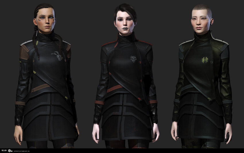 3d 3girls amarr_empire_(eve_online) asymmetrical_bangs belt black_hair black_jacket black_skirt blood_raider_covenant_(eve_online) bokaja_(jakob_falkenberg) boots braid brown_belt caldari_state_(eve_online) closed_mouth commentary company_logo company_name copyright_logo copyright_name cowboy_shot dated ear_piercing earrings emblem eve_online expressionless eyeshadow facial_tattoo grey_background grey_belt grey_eyes grey_lips grey_pants grey_theme guristas_pirates_(eve_online) high-waist_skirt high_belt highres jacket jewelry leather leather_jacket light_blush lip_piercing lip_ring lips logo long_hair long_sleeves looking_at_viewer low_twin_braids makeup maya_(medium) miniskirt multiple_girls nose official_art pants photoshop_(medium) piercing pirate_faction_(eve_online) realistic red_belt sansha&#039;s_nation_(eve_online) scar scar_on_face short_hair simple_background skirt skull_print spikes standing tattoo thigh_belt thigh_strap twin_braids very_short_hair wrist_belt zbrush_(medium)