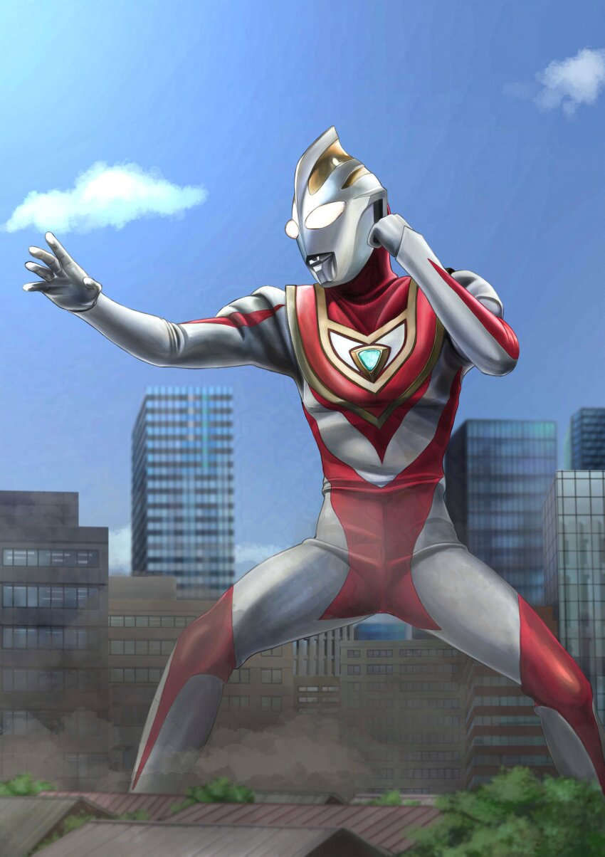 1boy absurdres alien armor blue_sky breastplate building city cityscape clenched_hand cloud color_timer colored_skin commentary compound_eyes day dorsal_fin dust_cloud feet_out_of_frame fighting_stance gattyo giant glowing glowing_eyes gold_trim hands_up highres legs_apart looking_ahead male_focus multicolored_skin open_hand outdoors outstretched_arm pectorals red_skin silver_skin sky skyscraper solo standing tokusatsu tree ultra_series ultraman_gaia ultraman_gaia_(series) white_eyes wrinkled_skin