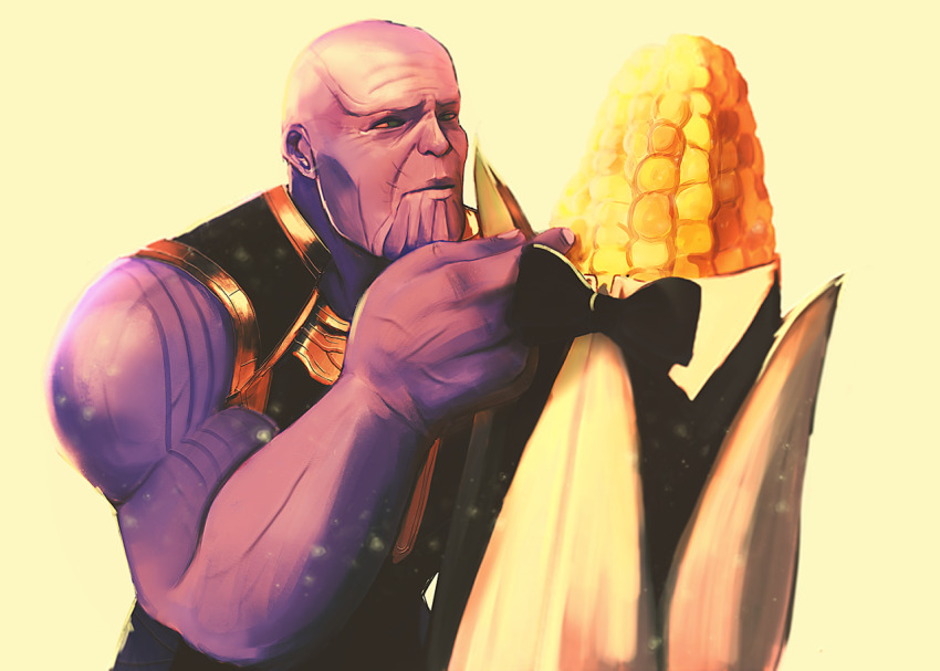 1boy bald black_bow black_bowtie bow bowtie closed_mouth colored_skin commission corn d-cookie-deactivated20210317 green_eyes hand_up looking_at_another looking_at_object male_focus marvel marvel_cinematic_universe muscular muscular_male purple_skin simple_background sleeveless thanos tuxedo veins yellow_background