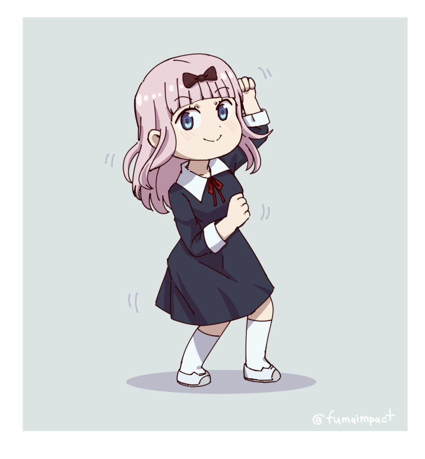 1girl blue_eyes blunt_bangs bow chibi chikattochikachika_(kaguya-sama_wa_kokurasetai) commentary dancing dress female_focus fujiwara_chika fumato hair_bow highres kaguya-sama_wa_kokurasetai_~tensai-tachi_no_renai_zunousen~ kneehighs long_dress motion_lines pink_hair school_uniform shuuchiin_academy_school_uniform simple_background socks solo twitter_username white_socks