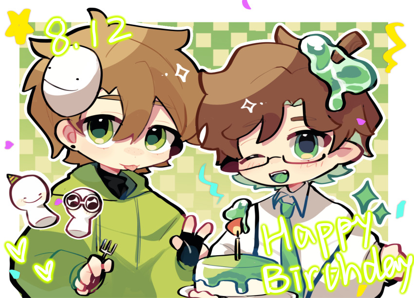 2boys :3 ahoge animification birthday birthday_cake birthday_connection bishounen brown_hair cake candle chinese_commentary commentary_request dream_(youtuber) dream_(youtuber)_(blob) dream_smp english_text food georgenotfound glasses green_eyes green_theme happy happy_birthday highres light_brown_hair male_focus mask mask_on_head minecraft_youtube monster_boy multiple_boys necktie official_alternate_costume one_eye_closed open_mouth pointy_ears shadiaochi short_hair slime_(substance) slime_boy slimecicle smile smiley_face stick suspenders tongue tongue_out trait_connection unworn_mask w
