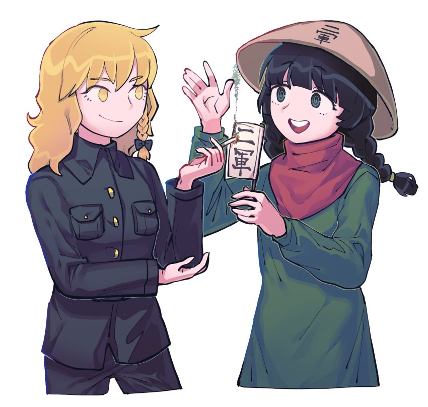 2girls black_bow black_hair black_pants black_shirt blonde_hair bow braid cigarette closed_mouth commentary cookie_(touhou) cowboy_shot cropped_legs dress green_dress green_eyes green_tea_(cookie) hair_bow hat highres hita_(hizokuseikogeki) holding holding_cigarette kirisame_marisa long_hair looking_at_another mikami_makoto multiple_girls open_mouth pants red_scarf rice_hat scarf shirt side_braid simple_background single_braid smile smoke touhou twin_braids white_background yatadera_narumi yellow_eyes