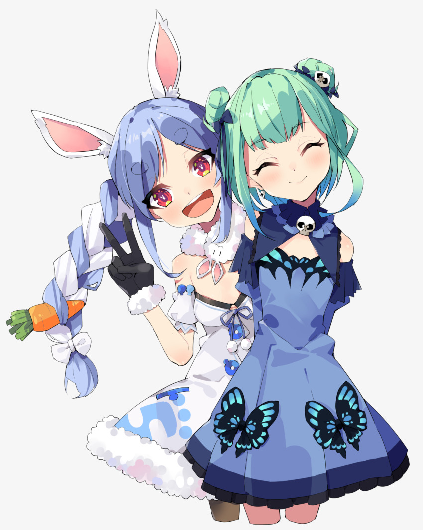2girls :d ^_^ animal_ear_fluff animal_ears arms_behind_back black_gloves blue_bow blue_dress blue_hair blue_sleeves blush bow braid breasts carrot_hair_ornament closed_eyes closed_mouth commentary cropped_legs detached_sleeves don-chan_(usada_pekora) double_bun dress food-themed_hair_ornament fur-trimmed_dress fur-trimmed_gloves fur_trim gloves green_hair grey_background hair_bow hair_bun hair_ornament head_tilt highres hololive looking_at_viewer multicolored_hair multiple_girls open_mouth pinky_(pke) rabbit_ears red_eyes scarf short_eyebrows skull_hair_ornament smile teeth thick_eyebrows tongue twin_braids two-tone_hair uruha_rushia uruha_rushia_(1st_costume) usada_pekora usada_pekora_(1st_costume) v virtual_youtuber white_dress white_hair white_scarf