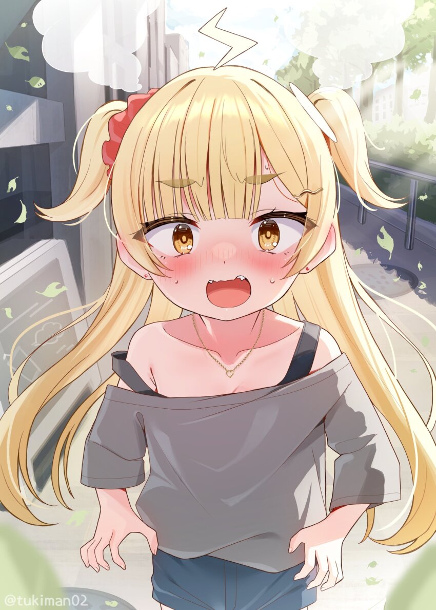 1girl ahoge blonde_hair blue_shorts blurry blurry_foreground blush breasts brown_eyes cleavage commentary_request day depth_of_field earrings falling_leaves fangs grey_shirt hair_ornament hair_scrunchie hairclip highres jewelry leaf lightning_bolt_symbol long_hair long_sleeves looking_at_viewer nose_blush off-shoulder_shirt off_shoulder open_mouth original outdoors red_scrunchie scrunchie shirt shorts small_breasts solo steam stud_earrings sweat thick_eyebrows tree tsukiman twitter_username two_side_up very_long_hair wavy_mouth