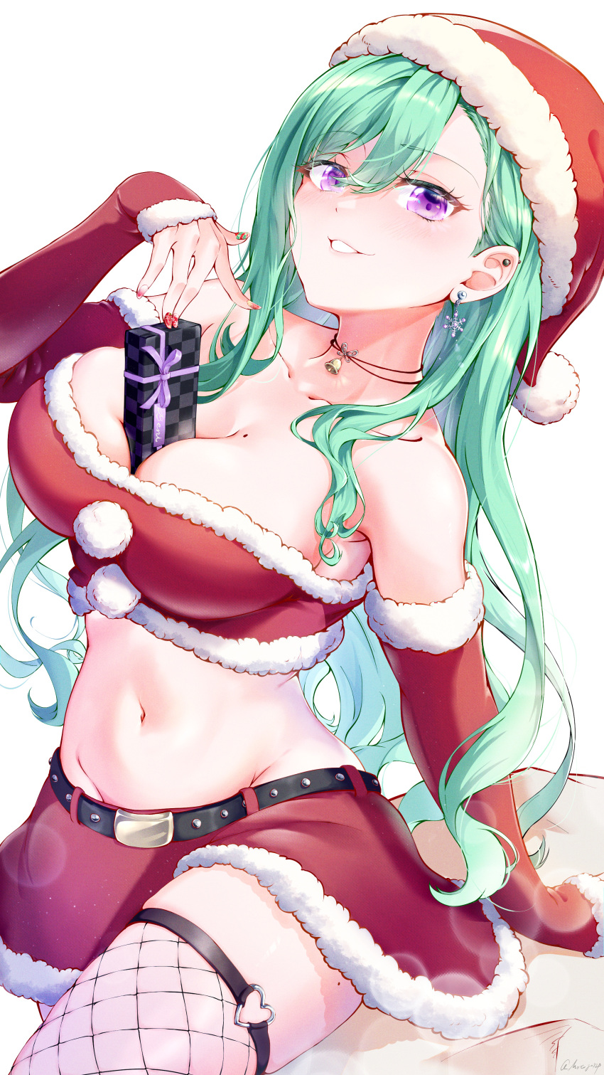 1girl absurdres bare_shoulders bell belt between_breasts black_belt box breasts ear_piercing earrings fishnet_thighhighs fishnets fur-trimmed_headwear fur-trimmed_skirt fur-trimmed_sleeves fur_trim gift gift_box green_hair hair_behind_ear hair_between_eyes hat heart heart_o-ring highres jewelry large_breasts long_hair long_sleeves looking_at_viewer midriff miniskirt mole mole_on_breast mole_on_thigh motoja_72p navel neck_bell o-ring o-ring_thigh_strap parted_lips piercing pom_pom_(clothes) purple_eyes red_hat red_nails red_sleeves red_tube_top santa_costume santa_hat simple_background skindentation skirt snowflake_earrings solo stomach strapless swept_bangs thigh_strap thighhighs tube_top virtual_youtuber vspo! white_background yakumo_beni