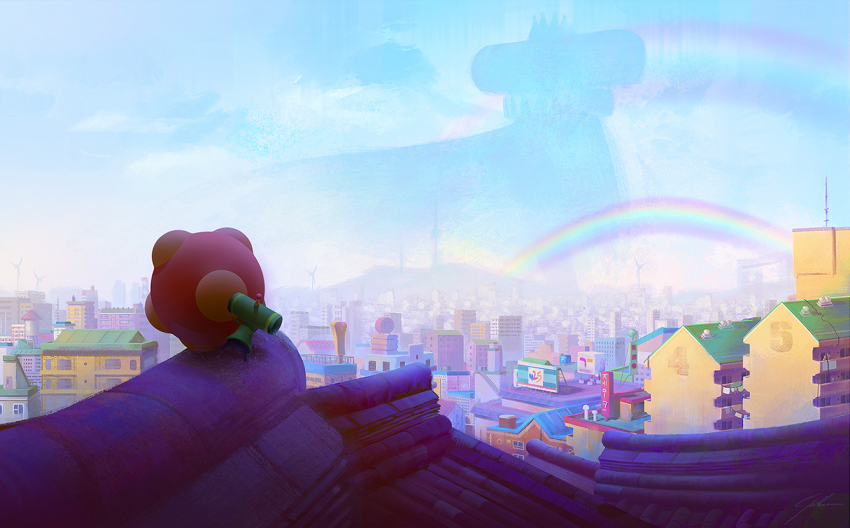 blue_sky building city crown day from_behind jake_kalbhenn katamari_damacy king_of_all_cosmos rainbow rooftop scenery silhouette sky the_prince windmill