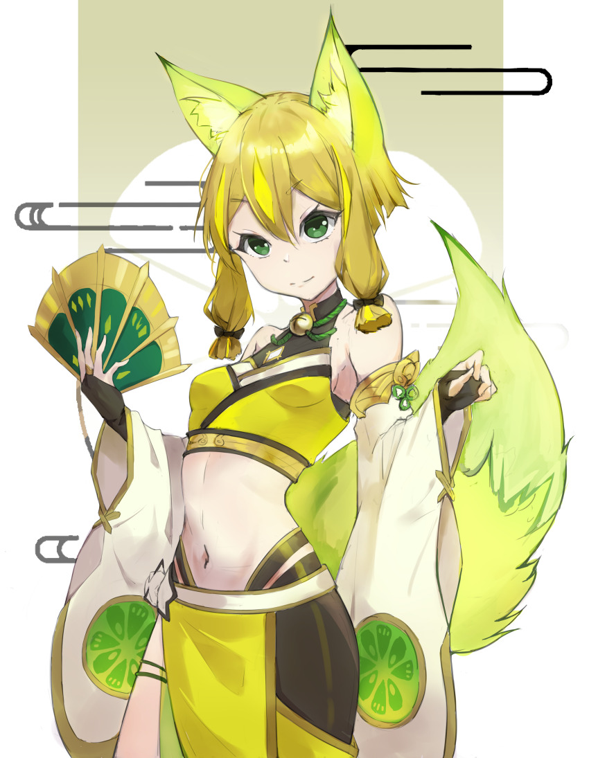 1girl absurdres animal_ears asymmetrical_legwear bell blonde_hair braid breasts collarbone cowboy_shot detached_sleeves fox_ears fox_girl fox_tail green_eyes hand_fan highres holding holding_fan hu-li_the_jewel_mikanko japanese_clothes mandarin_orange_slice midriff navel neck_bell small_breasts smile solo tail twin_braids yimi_tangyuan yu-gi-oh!